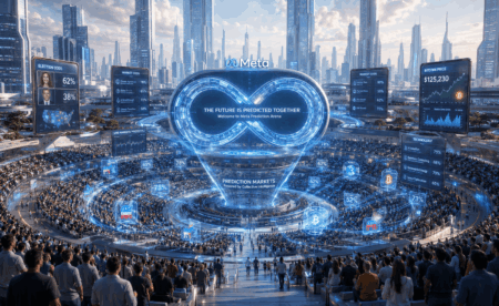 Meta Kembangkan Aplikasi Prediction Market Crowd gathers in a high-tech circular arena around a glowing infinity loop with the text 'The Future Is Predicted Together' on a central screen (Meta Prediction Arena).