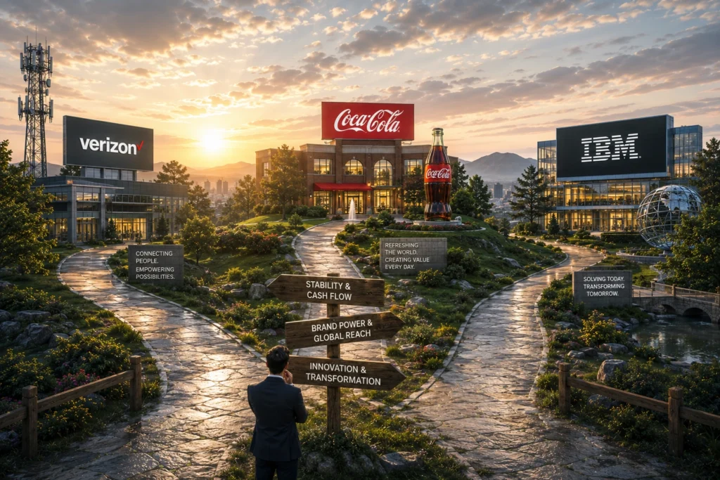 Rekomendasi Saham Hari Ini: VZ, KO, IBM (24 Juni 2026) Sunset over a corporate campus with Coca‑Cola bottle sculpture, Verizon and IBM billboards, and a man in a suit reading wooden directional signs about strategy.