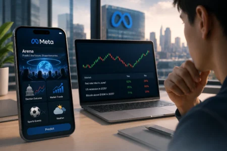Meta Incar Peluang Baru di Pasar Prediksi Digital Phone screen displaying Meta Arena app with sections: Election Outcome, Market Trends, Sports Events, Weather, and a Predict button.