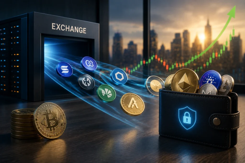 Arus Keluar Altcoin Meningkat, Minat Investor Kembali? Coins of various crypto currencies flow from an exchange vault into a secure wallet with a shield icon, against a city skyline. (Informative)