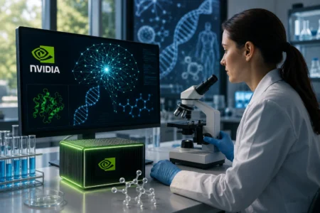 Nvidia Garap Pasar Biomedis dengan Agen AI Scientist in a lab using a microscope; monitor shows Nvidia logo and DNA graphics.