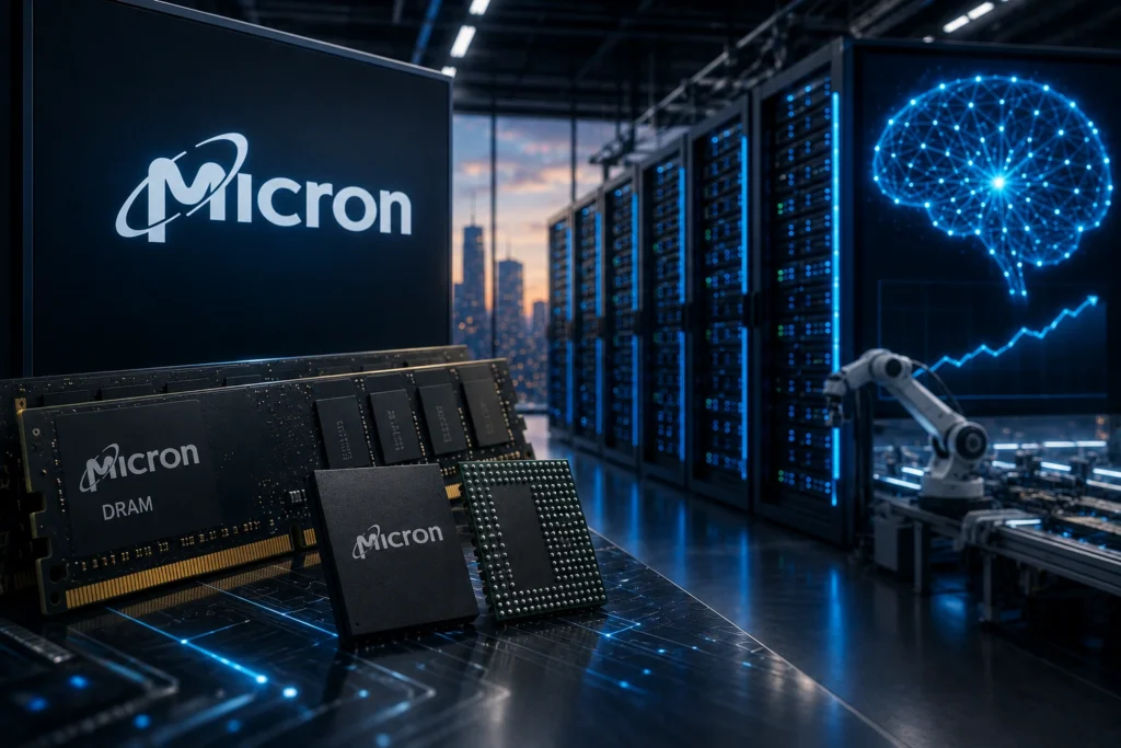 Micron Buktikan Booming AI Masih Berlanjut Micron DRAM memory modules on a workbench in a data center, with blue-lit server racks and a robotic arm in the background.