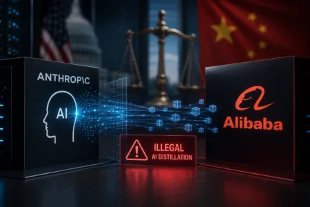 Two AI brands—Anthropic and Alibaba—sit on a dark table, connected by glowing blue data streams with an 'Illegal AI Distillation' warning sign in red in front.