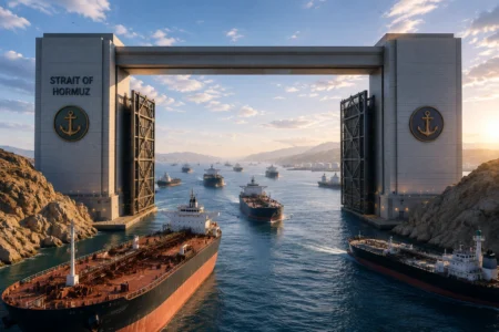 Massive gate labeled 'Strait of Hormuz' with two towers frames a busy ship channel and cargo vessels passing through between rocky cliffs at sunset.