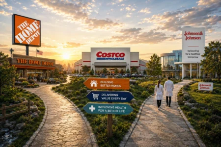 Sunset over a shopping center with Costco, The Home Depot, and Johnson & Johnson signs; a wooden directional sign in the foreground.
