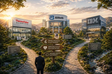 Rekomendasi Saham Hari Ini: TMO, ABT, IBM (26 Juni 2026) Modern science campus with a circular Abbott building in the center, ThermoFisher left, IBM right, and a landscaped path lined with trees and rocks under a sunset sky.