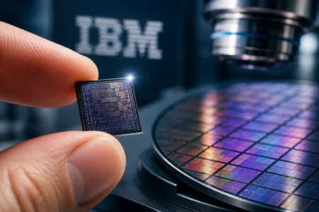 A person holds a microchip up to a microscope, with an IBM logo blurred in the background.