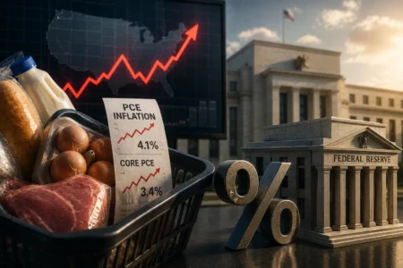 Inflasi AS Memanas Jelang Keputusan The Fed Grocery basket with eggs, milk and meat beside a rising inflation chart and a Federal Reserve building in the background, with PCE inflation labels 4.1% and Core PCE 3.4%.