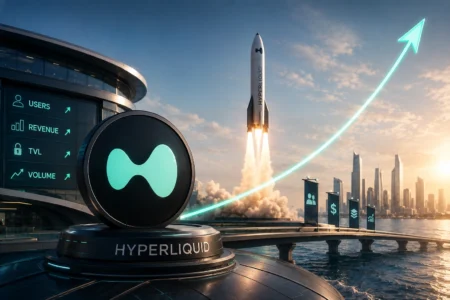 Hyperliquid Makin Kuat, Multicoin Lihat Potensi Besar HYPE HyperLiquid logo on a futuristic platform with a rocket launch and a glowing upward-trending arrow over a city skyline.