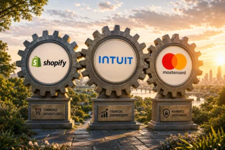 Rekomendasi Saham Hari Ini: SHOP, INTU, MA (29 Juni 2026) Three large interconnected gears displaying the logos of Shopify, Intuit, and Mastercard against a sunset cityscape; bases read 'Commerce Without Limits', 'Financial Empowerment', and 'Payments Everywhere'