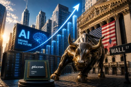 Reli AI Belum Usai, Wall Street Tetap Percaya Bronze bull statue on a city street beside a Wall Street sign, with a large digital billboard reading 'AI Driving the Future' and a rising bar chart behind it.