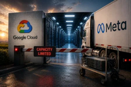 Google Batasi Kapasitas AI Gemini untuk Meta A data center doorway with a Google Cloud sign beside a truck labeled Meta, barrier reading Capacity Limited in the foreground, and server racks visible inside.