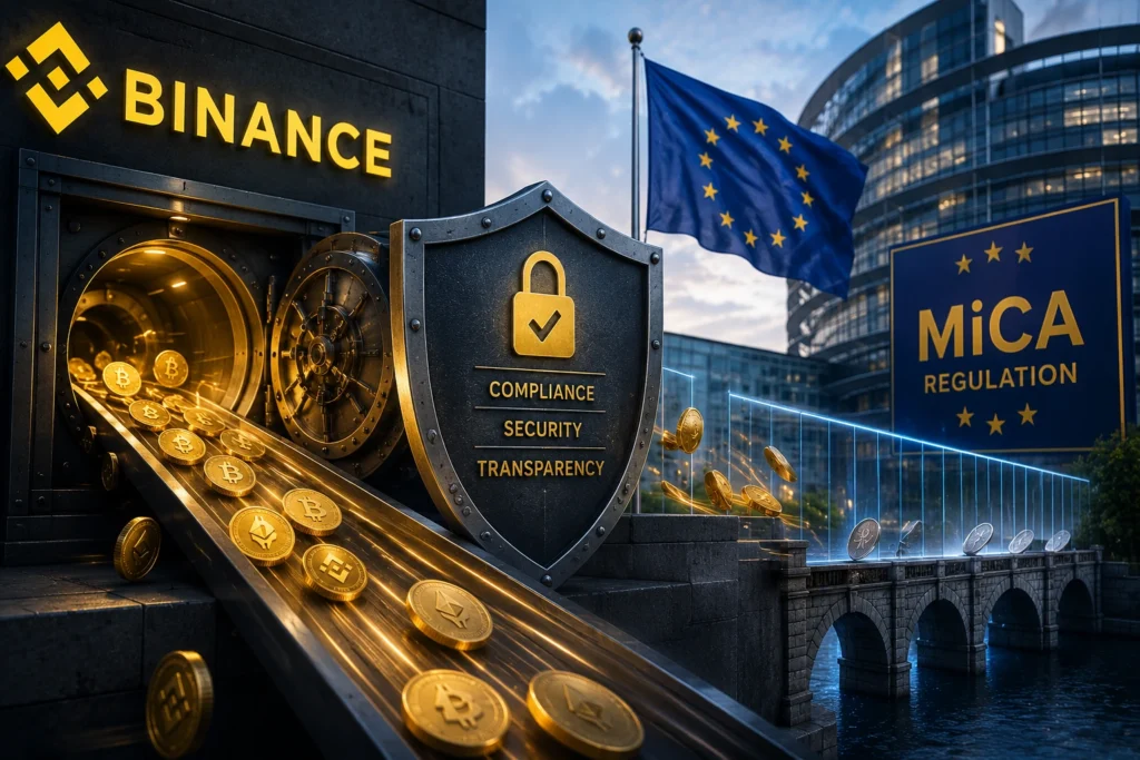 Binance Uji Ketahanan Jelang Regulasi MiCA Cryptocurrency vault with gold coins spilling onto a conveyor, shield labeled Compliance, Security, Transparency, EU flag, and MiCA Regulation sign in a modern cityscape.