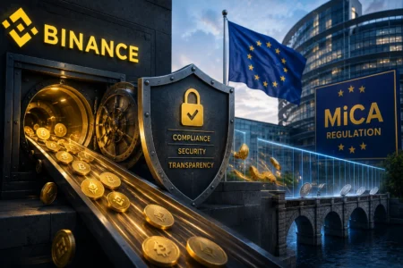 Binance Uji Ketahanan Jelang Regulasi MiCA Cryptocurrency vault with gold coins spilling onto a conveyor, shield labeled Compliance, Security, Transparency, EU flag, and MiCA Regulation sign in a modern cityscape.