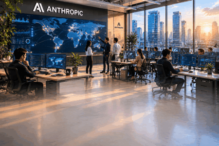 Open-plan tech office with a large wall displaying a world map and multiple data dashboards as staff work at desks.
