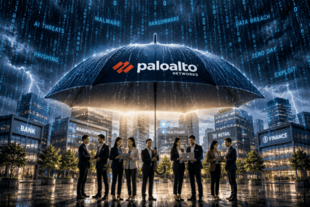 Professionals stand under a large Palo Alto Networks umbrella in a rainy city, with signs for Bank, Manufacturing, Healthcare, Retail, Finance.