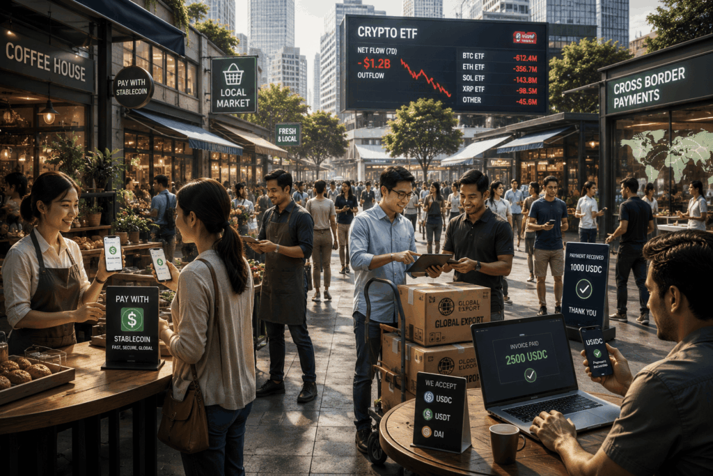 Stablecoin Kian Dominan di Tengah Arus Keluar ETF Kripto Market scene with people using mobile payments and laptops at an outdoor crypto-themed market stall row under a large digital ETF sign in the background.