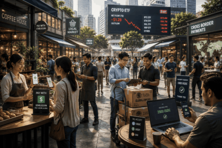 Stablecoin Kian Dominan di Tengah Arus Keluar ETF Kripto Market scene with people using mobile payments and laptops at an outdoor crypto-themed market stall row under a large digital ETF sign in the background.