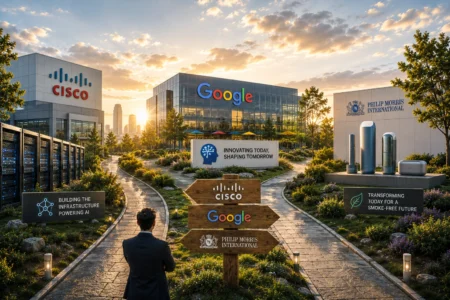 Rekomendasi Saham Hari Ini: CSCO, GOOG, PM (30 Juni 2026) Man in a suit walking toward a corporate campus featuring Cisco, Google, and Philip Morris buildings with a landscaped plaza and signposts.