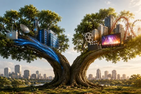 Comcast Lepas NBCUniversal Jadi Perusahaan Baru A split tree branch supporting a futuristic city on the left and a movie/entertainment scene on the right, connected by glowing blue data streams.