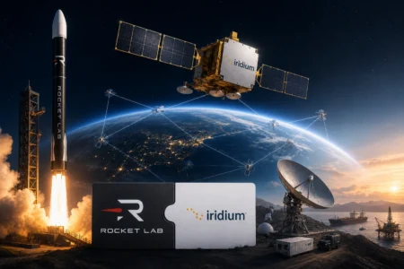 Rocket Lab Akuisisi Iridium untuk Tantang Starlink Rocket Lab rocket lifting off as Earth rises behind; Iridium satellite modules orbit above and ground antennas stand ready below.