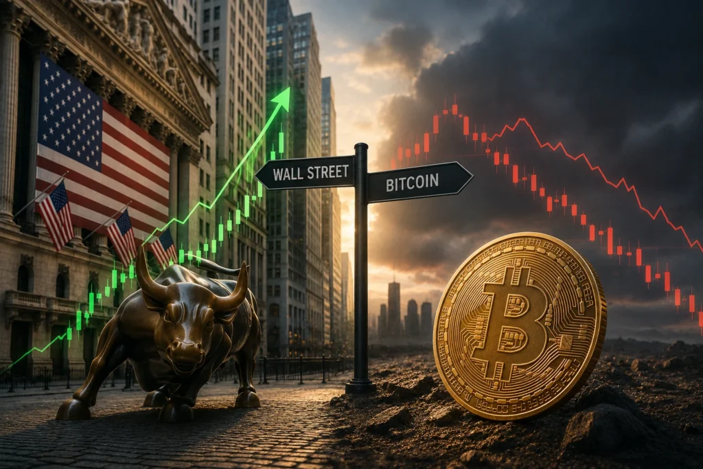Wall Street Pulih, Mengapa Bitcoin Belum Ikut Reli? Bronze Charging Bull on a street with a Wall Street and Bitcoin signpost; green upward chart and red downward chart in the background.