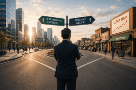 Businessman in a suit stands at a city intersection, looking at signs for economic growth and inflation pressure at sunset.