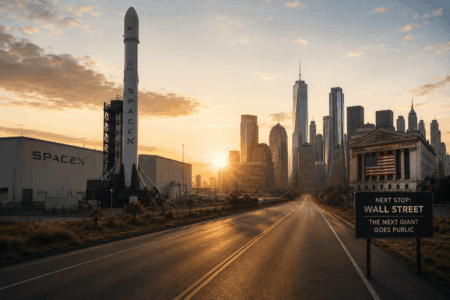 SpaceX rocket on its launch pad beside a hangar, with a city skyline at sunset and a road leading toward downtown.