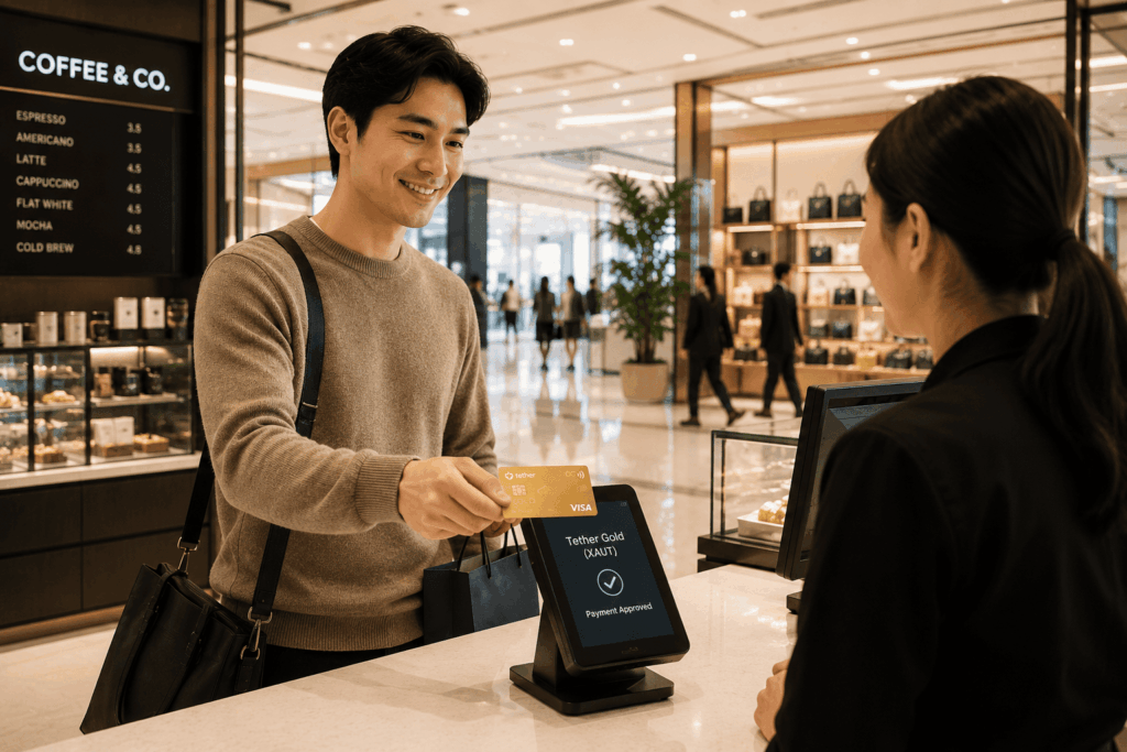 Tether Luncurkan Kartu Visa Berbasis Emas Digital Man at a checkout counter pays with a card while a clerk stands nearby in a bright store setting (cafe/retail).