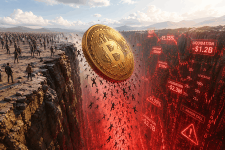Bitcoin coin crosses a cliff as people fall into a red digital market crash landscape.