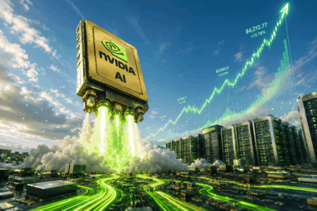Nvidia Cetak Cuan Besar, Masih Bisa Naik? Nvidia AI module hovering above a data center, emitting green energy trails toward rising stock-chart lines in a blue sky.