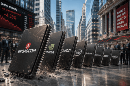 Row of oversized chip components with Broadcom, Nvidia, AMD, Intel, Qualcomm, Micron, ASML and TSMC logos in a financial district setting.