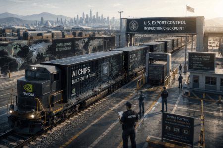 Nvidia Dipanggil Senat AS Terkait Penjualan Chip AI di China Train carrying AI chips labeled NVIDIA at a U.S. Export Control inspection checkpoint with a city skyline in the background and security personnel nearby.