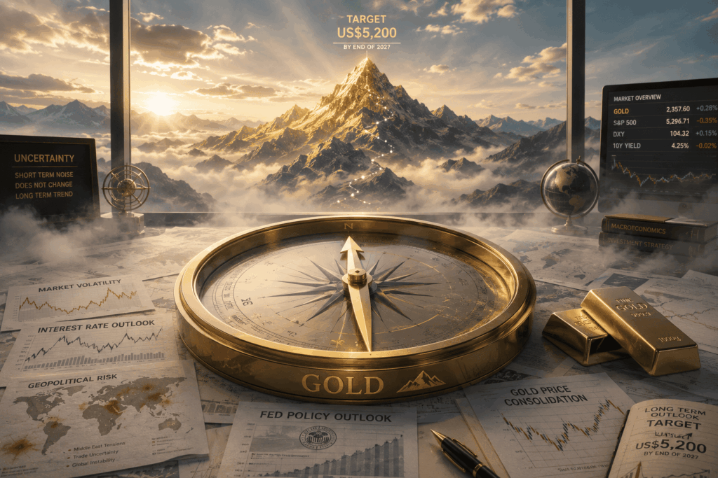 Harga Emas Konsolidasi, Target US$5.200 Tetap Bertahan Golden compass on a desk surrounded by market charts, gold bars, and a mountain sunrise, signaling financial navigation and gold strategy.