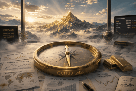 Harga Emas Konsolidasi, Target US$5.200 Tetap Bertahan Golden compass on a desk surrounded by market charts, gold bars, and a mountain sunrise, signaling financial navigation and gold strategy.