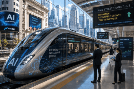 High-speed AI train at a modern city transit hub with “Artificial Intelligence Express” branding and a sign reading “Next Stop: Smarter Future.”