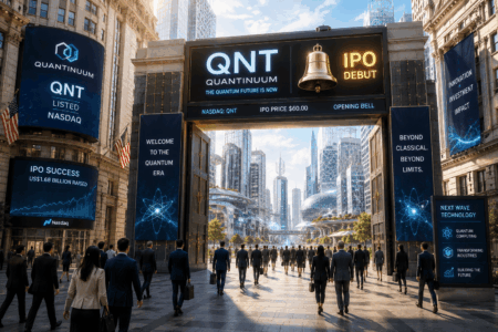 Crowd of businesspeople walking toward a futuristic city gateway with large digital billboards advertising QNT Quantum and IPO Debut.