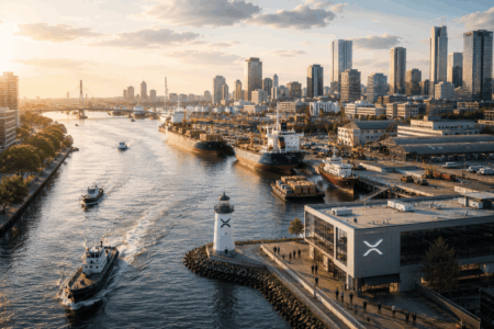 Sunset harbor scene with ships docked at a port, cranes, and a white lighthouse along a riverfront with a city skyline in the background