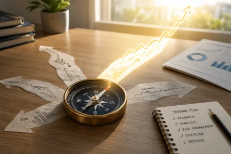 Compass on a wooden desk surrounded by paper arrows with charts and a rising graph, plus a notebook titled 'Trading Plan' with a checklist.