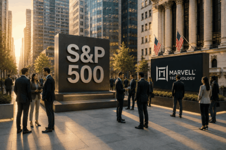 Business professionals converse near a large S&P 500 monument in a city plaza at sunset, with Marvell Technology signage in the background.