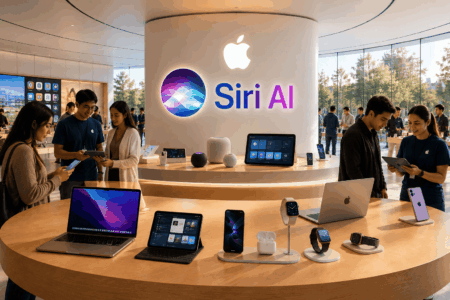 Apple Perkenalkan Siri AI di WWDC 2026 Apple Siri AI display at a tech store with customers exploring laptops, tablets, and iPhones on a round wooden table.