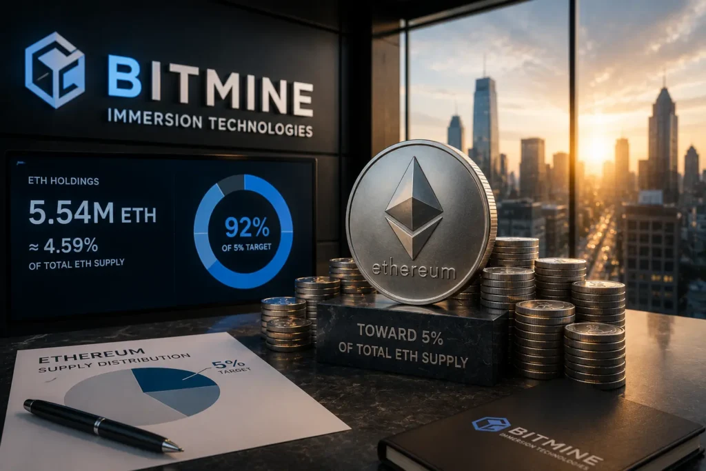 Bitmine Dekati Target Kepemilikan 5% Ethereum Large Ethereum coin model with stacks of coins on a desk and a city skyline at sunset in the background, conveying crypto wealth imagery.