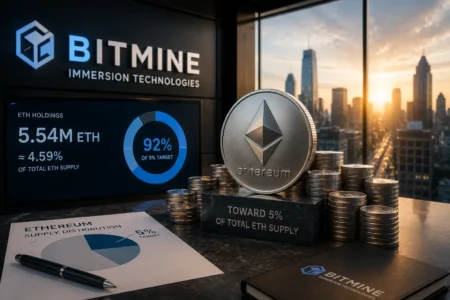 Large Ethereum coin model with stacks of coins on a desk and a city skyline at sunset in the background, conveying crypto wealth imagery.