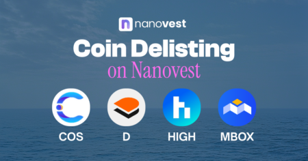 Pengumuman Penghapusan (Delisting) Koin COS, D, HIGH, dan MBOX Banner showing Nanovest logo and the phrase 'Coin Delisting on Nanovest' with four crypto logos (COS, D, HIGH, MBOX) over a sea background, informative visual for announcements.