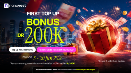 FIRST TOP UP, BONUS 200K (JUNI 2026) Nanovest promotional banner showing a bright Gift box with fireworks, advertising a 200K IDR top-up bonus and dates 5–20 Jun 2026 in a cityscape.