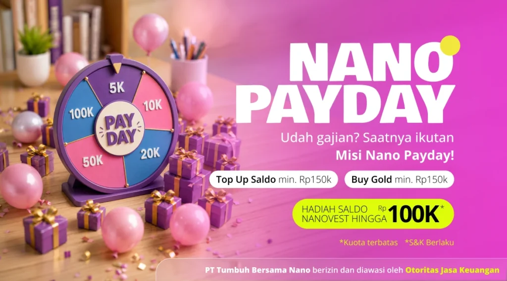 NANO PAYDAY JUNE 2026 Bright Nano Payday promo banner with a purple prize wheel and pink gifts, balloons, and a pink gradient background. Prize amounts shown (100K, 50K, 20K, etc.).