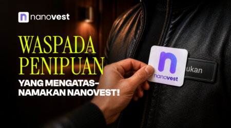 Waspada Penipuan yang Mengatasnamakan Nanovest Warning banner about Nanovest scams; a hand attaches a Nanovest badge to a black leather jacket.