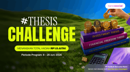 #ThesisChallenge – Nanosocial Promo banner for #THESIS CHALLENGE with stacked books, crypto coins, green hill background, NanoSocial logo, and bold yellow 'CHALLENGE' text.