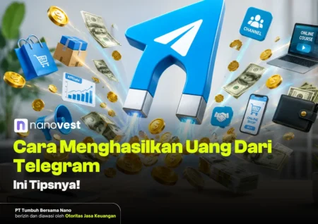 Promotional banner by Nanovest showing a blue magnet, cash, and digital icons with the Indonesian headline 'Cara Menghasilkan Uang Dari Telegram'.