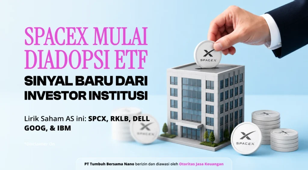 SpaceX Mulai Diadopsi ETF, Sinyal Baru dari Investor Institusi Promo image with Indonesian headlines 'SPACEX MULAI DIADOPSI ETF' and 'SINYAL BARU DARI INVESTOR INSTITUSI'; a hand places a SpaceX coin on a miniature building beside stacked coins, suggesting investment.